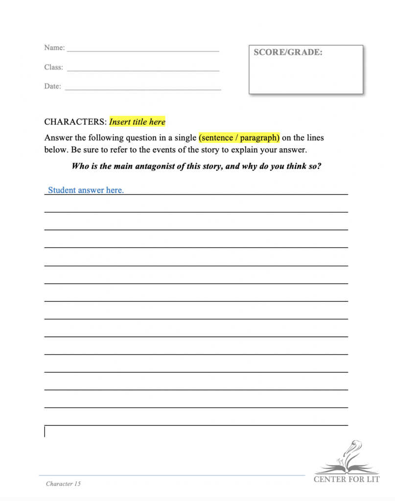 preview of an assignment template for identifying a story's antagonist