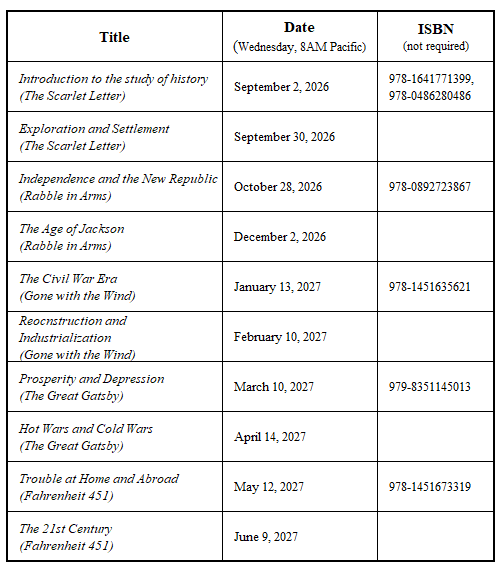 class schedule for American History and Historical Fiction - High School
