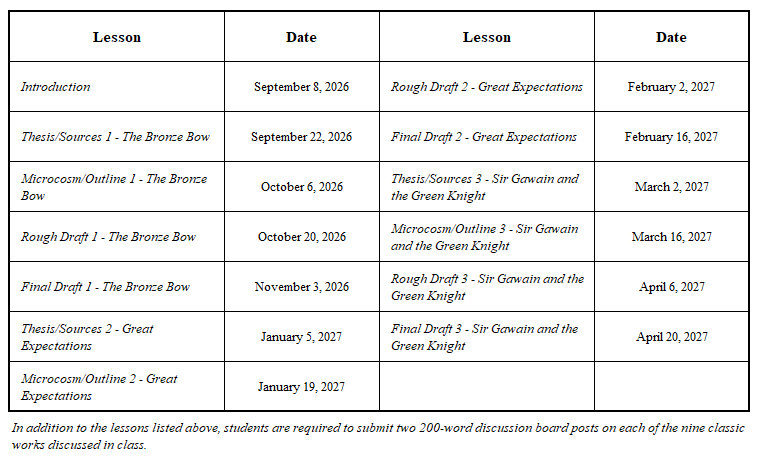 junior high literature writing course schedule